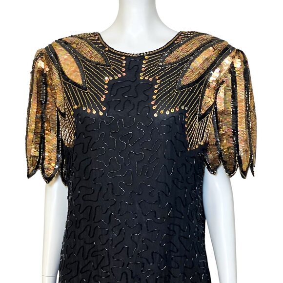 Vintage 80s 100% Silk Beaded Sequin Black Gold Cocktail Dress M/L Deco Flapper - Picture 10 of 15